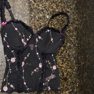 Black Floral Embroidered Corset Top
